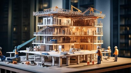 Aufkleber - Miniature engineers working on an architectural scale model of a modern, energy efficient, sustainable building, showcasing innovative design and construction techniques