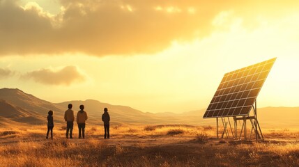 Group of individuals observing solar panel at sunset in a vast landscape showcasing renewable energy and sustainable living in nature's beauty