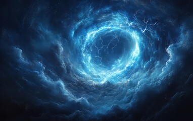 Wall Mural - Cosmic Vortex in Dark Void with Ethereal Blue Lightning and Surreal Cloud Swirls