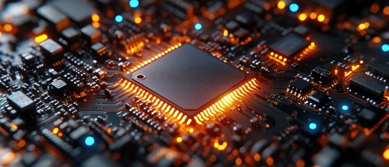 Poster - Glowing RAM Chip Close-Up on Circuit Board with Blue and Orange LED Lights