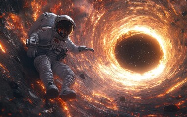 Wall Mural - Astronaut Observes Black Hole and Event Horizon in Surreal Cosmic Landscape