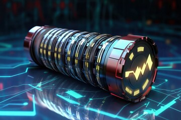 Poster - Futuristic energy device with glowing elements on a digital backdrop