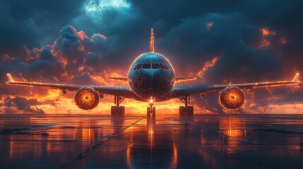Poster - Futuristic Smart Digital Airplane in Cyberpunk Style with Artificial Intelligence Enhancing Flight Navigation and Safety for Sustainable Air Travel