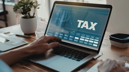 Poster - Accountant calculating taxes online with charts and graphs on a laptop, focusing on finance and accounting tasks from a home office