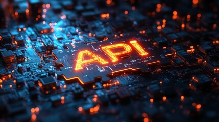 Poster - Futuristic Puzzle Piece Concept of API Integration with Digital Circuit Patterns and Interlocking Technology Symbolizing Connectivity