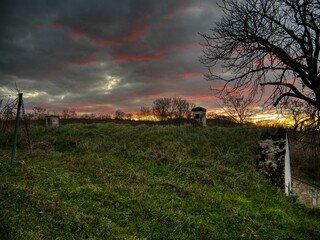 Poster - Dramatic sunset over a grassy hill with bare trees