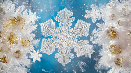 The snowflake crystal macro closeup is a picture of a white snowflake on a blue background. the snowflake has intricate patterns and looks very delicate. Candescent. Illustration