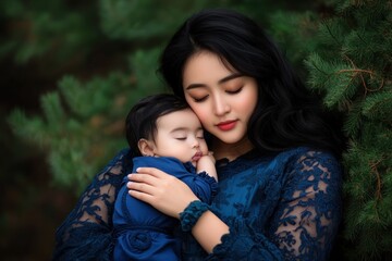 Discover the serene beauty of motherhood An Asian mom gently holds her infant, both bathed in the soft light of an outdoor scene The wellness of motherhood is captured as the mother's tender embrace