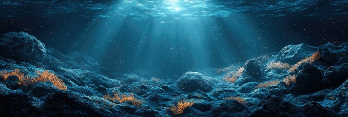 Poster - Underwater scene with sunbeams illuminating the ocean floor, rocks, and marine life.
