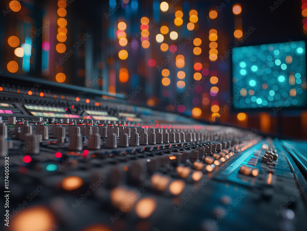 Professional audio mixing console with colorful LED lights in a studio ...