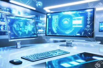 Fototapete - Modern workspace with dual monitors displaying data visualizations and global maps