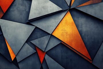 Poster - Abstract design featuring geometric shapes in dark tones with pops of warm orange and yellow hues on a textured background