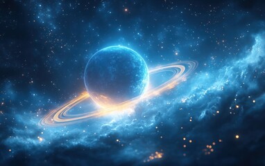 Wall Mural - Uranus Vibrant Blue Planet Surrounded by Rings in Cosmic Landscape with Glowing Elements and Dynamic Composition
