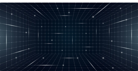 Fototapete - Futuristic grid box with abstract wireframe design, white lines on dark background. Retro 80s 90s digital aesthetic capturing virtual reality landscape in nostalgic futuristic style