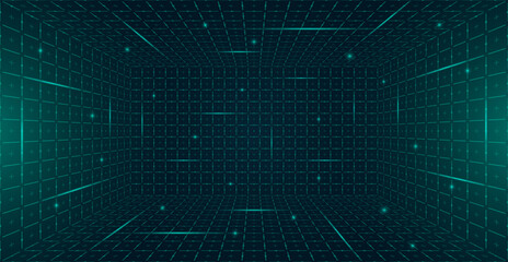 Fototapete - Futuristic perspective HUD grid box abstract wireframe. Green grid lines on dark background evoke 80s 90s digital style. GUI FUI design inspired virtual reality landscapes and retro future aesthetic