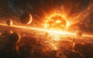 Wall Mural - Surrealist Cosmic Scene with Vibrant Sun and Spiral Arrangement of Solar System Planets in Dramatic Light