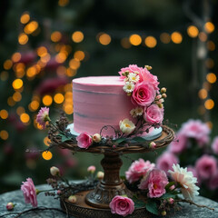 Wall Mural - romantic pink cake decorated with flowers