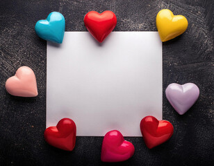 Wall Mural - A white square frame is surrounded by colorful heart decorations in red, blue, orange, and white on a dark background.