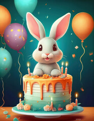 Wall Mural - An animated white bunny sits behind a birthday cake with lit candles, surrounded by colorful floating balloons.