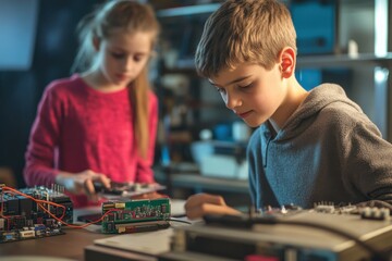 Poster - Young children exploring electronics and circuit projects in a bright workshop space