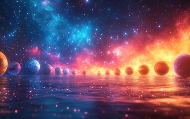 Wall Mural - Surreal Solar System Illustration with Planets and Cosmic Objects in Vibrant Colors and Depth