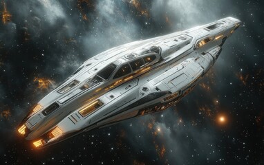 Wall Mural - Futuristic Spacecraft Drifting in Space with Dramatic Lighting from a Star Hyper-Realistic Art