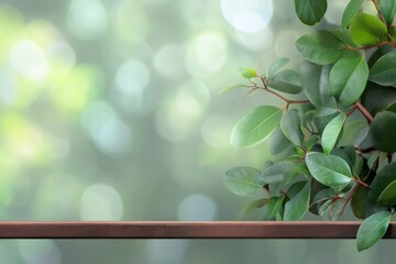 Poster - A serene wooden table top adorned with green bokeh, highlighting ample space for the product