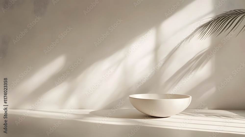 A minimalist, photorealistic background features natural light casting shadows through blurred windows onto a textured wall, creating a minimal, abstract white backdrop for product presentation