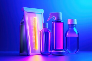 Poster - Colorful display of various liquid containers under neon light