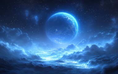 Wall Mural - Vibrant Blue Planet Surrounded by Rings in Cosmic Landscape with Stars