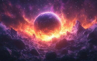Wall Mural - Cosmic Nebula Scene with Distant Planet and Asteroid Field in Vibrant Colors