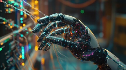 Poster - Robot hand interacts with glowing circuitry in a futuristic lab setting