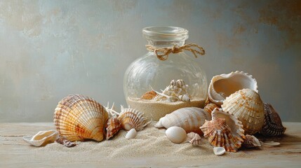 Wall Mural - Seashells, sand, glass jar, coastal still life.