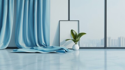 Wall Mural - A minimalist modern space featuring a blank poster frame, curtains, and a plant, set against an urban backdrop.