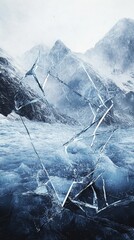 Wall Mural - shattered glass over icy mountain landscape.