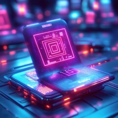 Fototapete - Futuristic Digital Invoice Template with Glowing QR Code for Easy Online Payment in Cyberpunk Design