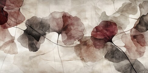 Poster - A contemporary watercolor backdrop with a vibrant wallpaper design incorporating flower paint brushes and line art. The piece is crafted in earthy hues of blue, pink, ivory, and beige, ideal for