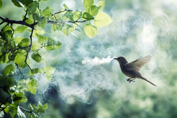 Poster - Bird in flight, green leaves, ethereal smoke.