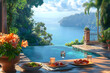 © Prasanth - panoramic view from luxurious exotic hotel resort offers a breathtaking vista of sparkling azure sea, lush tropical gardens, and elegant infinity pool in early morning light of a sunny summer day