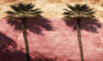 Poster - Palm leaf shadows blur on a pink backdrop, creating a clean abstract background suitable for product displays. Ideal for spring and summer