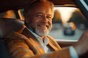 Wall Mural - On a sunny summer morning, a wide-angle view captures cheerful mature man in classic wear, sitting comfortably in his car, engaged in a lively conversation with a client, exuding confidence and profe