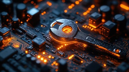 Poster - Futuristic Digital Wrench Floating Above Circuit Board with Glowing Binary Code for AI Maintenance and Equipment Diagnostics