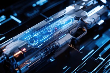 Poster - Futuristic weapon design featuring illuminated components and sleek metallic surfaces