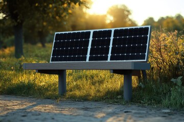 Wall Mural - Solar panel bench in a park offers sustainable energy and seating for visitors