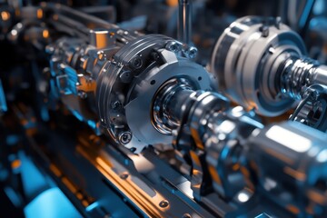 Poster - Detailed close-up of a complex mechanical assembly in a high-tech environment