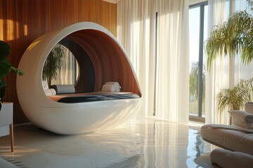 Poster - Modern wellness space featuring a unique relaxation pod and abundant natural light