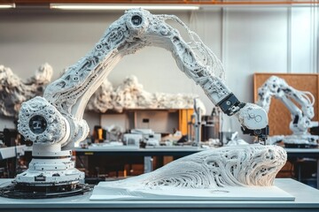 Poster - Robotic arm creates intricate sculpture in modern art studio during daylight hours