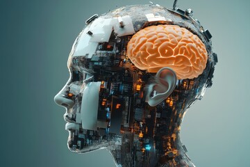 Poster - Human head with intricate circuitry and glowing brain showcasing technology and innovation