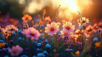 Canvas Print - Vibrant Wildflower Meadow at Sunset with Beautiful Flowers and Warm Light