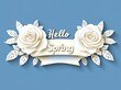 © Halina Berah - Welcome to spring with a design that includes a variety of colorful flowers, such as camellias, daffodils, crocuses, and green leaves, arranged on a blue background, reflecting a contemporary